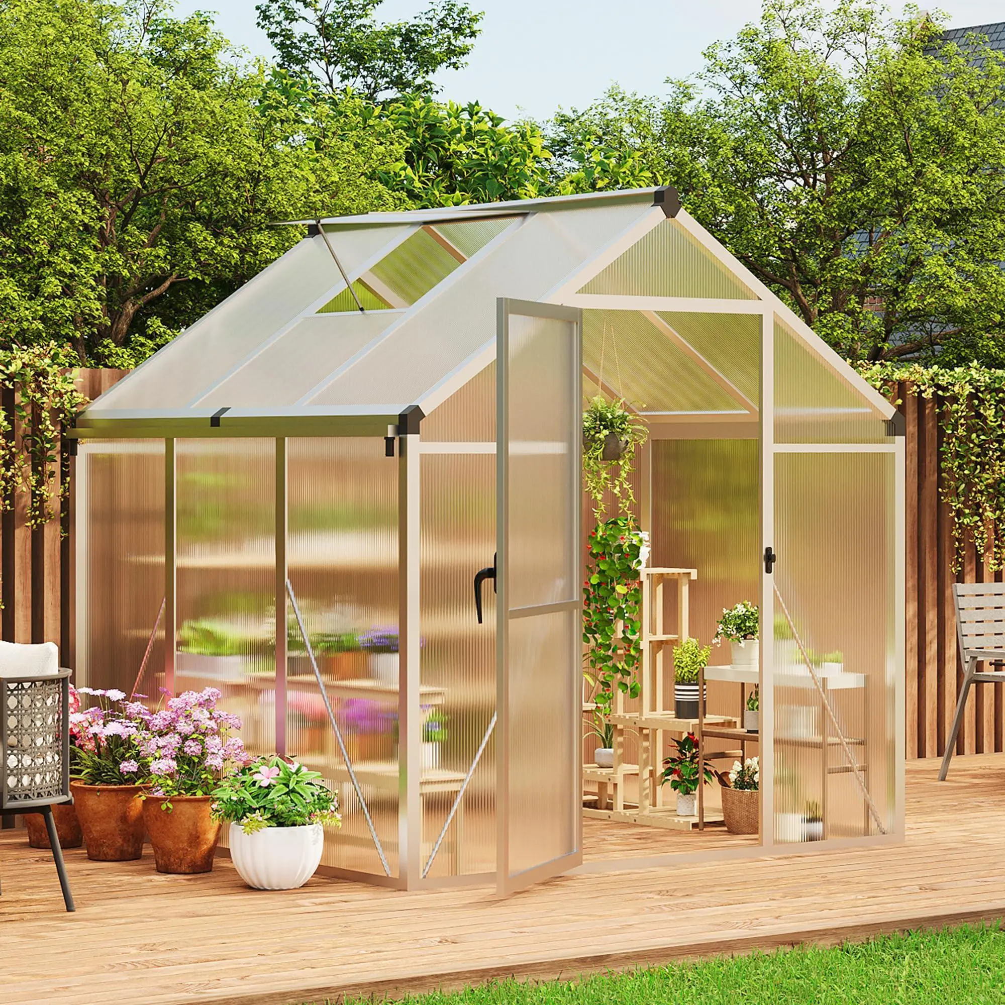 6 x 6 FT Greenhouse, Greenhouses for Outside, Polycarbonate Greenhouse with Aluminum Frame, for Outside Garden Backyard, Patio, Silver