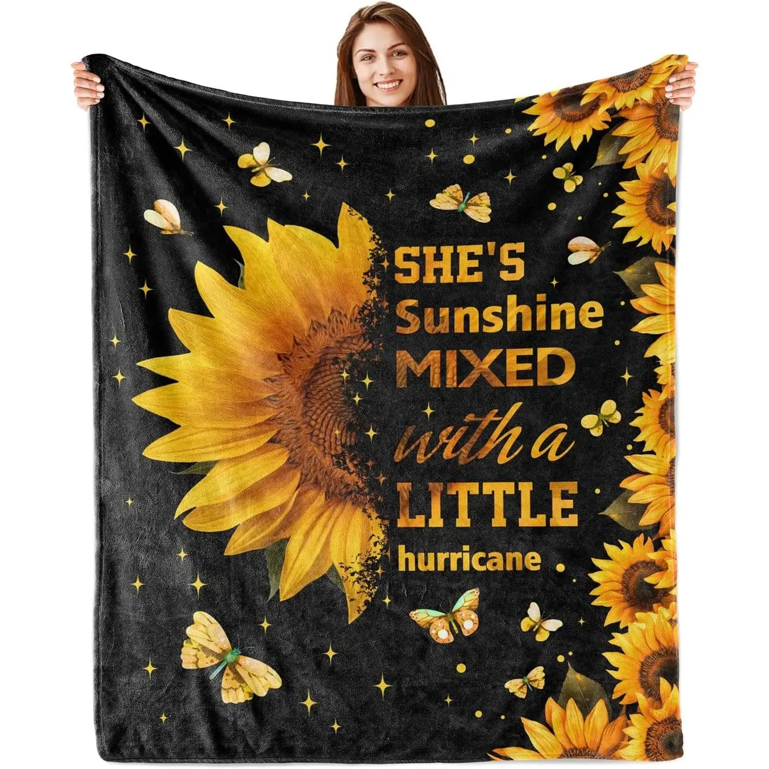 Black Sunflower Butterfly Flannel Throw Blanket - "She's Sunshine Mixed With A Little Hurricane" Inspirational Cozy Gift for Women