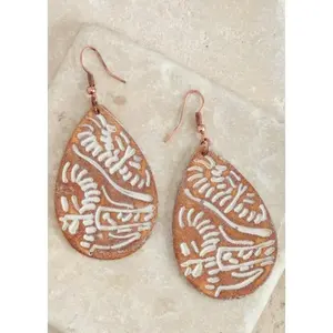 White Stamped Leather Teardrop Earrings