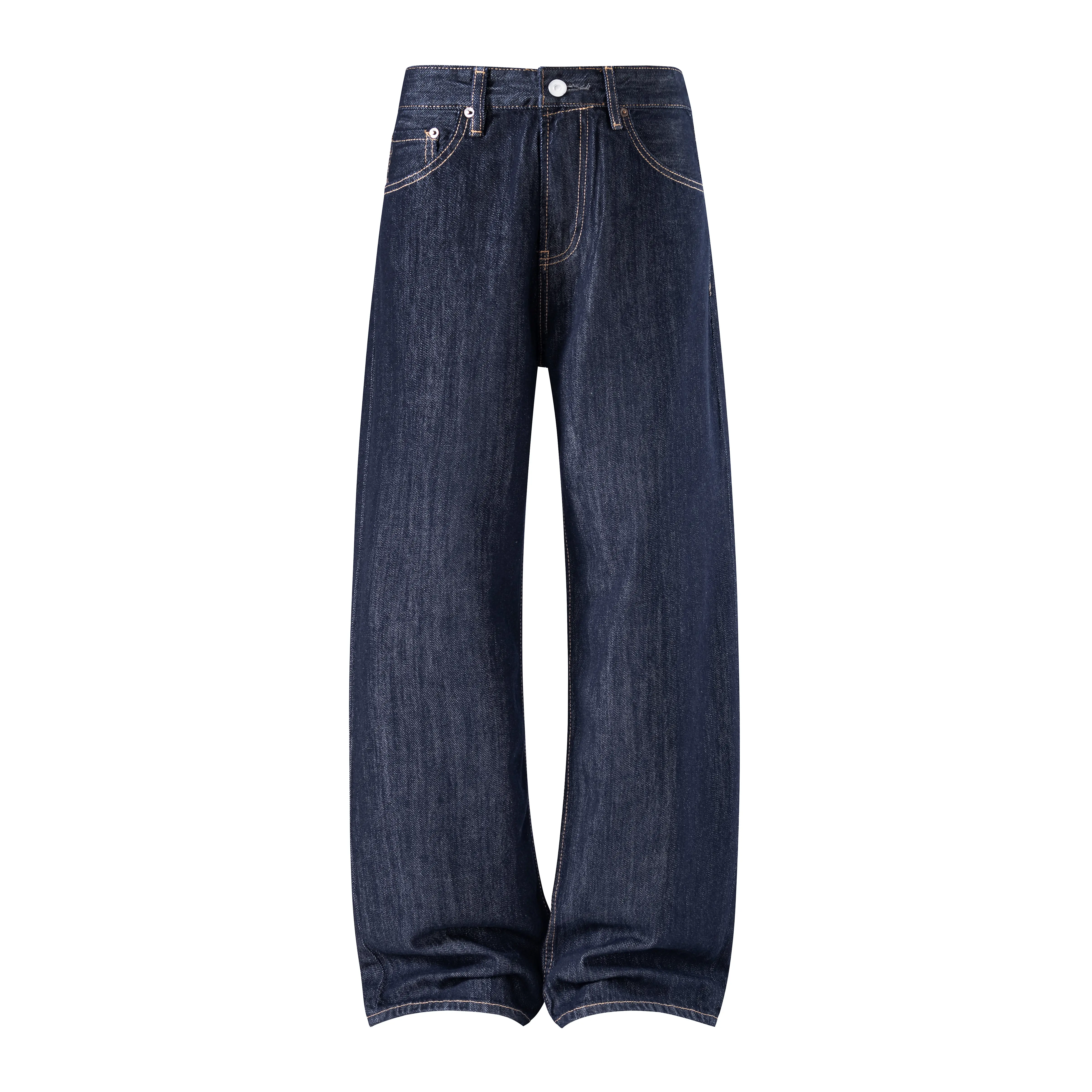 Solid Raw Indigo Dark Wash Contrast Stitch 5 Pocket Baggy Wide Leg Denim Pants, Match Basic Tees & Leather Work Boots For Retro Outfits