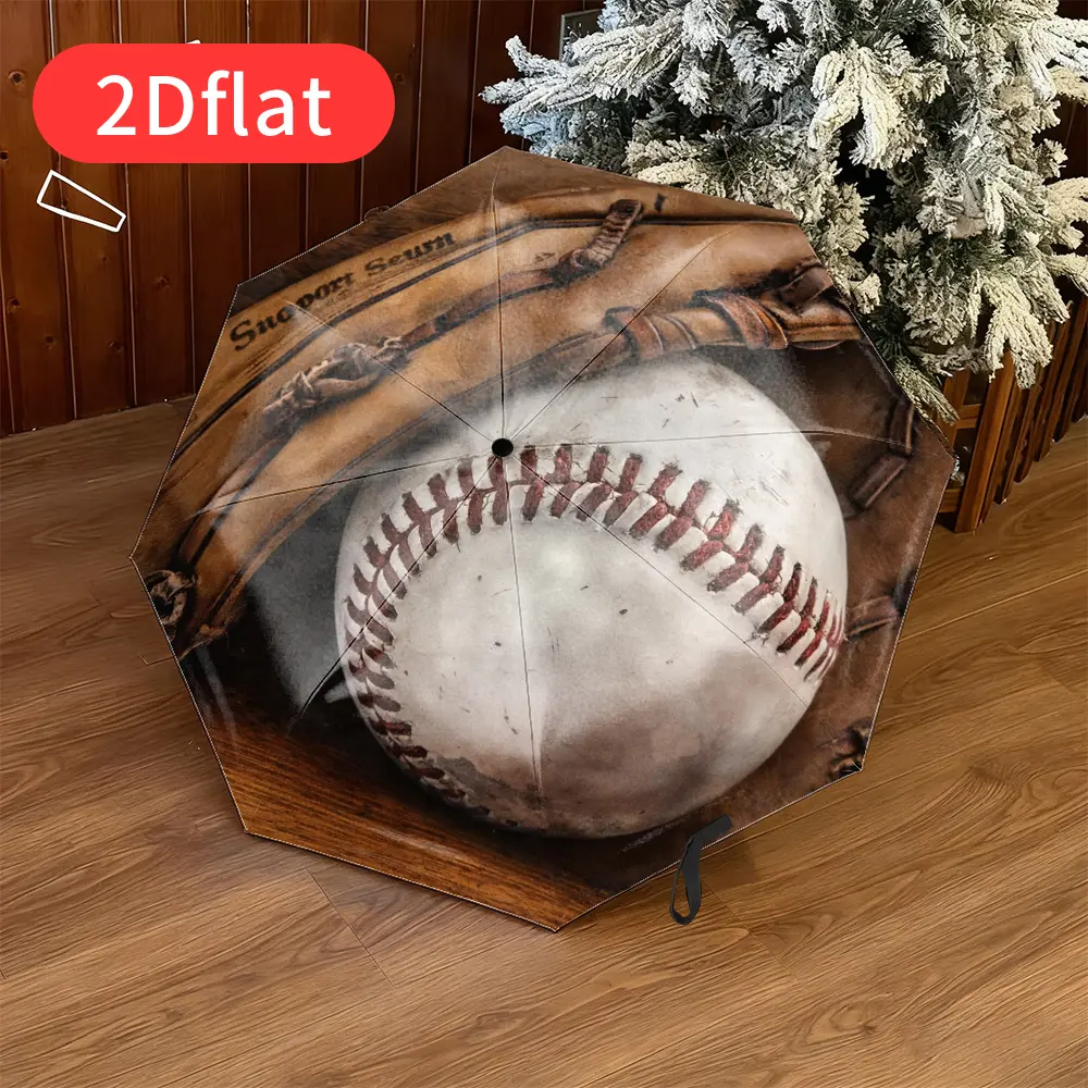 A sports-themed folding umbrella featuring a baseball and glove design, with a durable canopy and lightweight, portable build—ideal for travel and everyday casual use. Made of sturdy plastic and metal, it showcases a