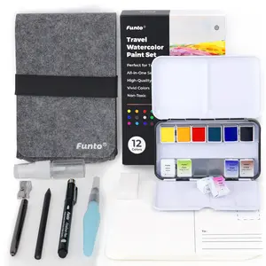 Funto Travel Watercolor Set, 12-Color Paint, 10 Premium Postcards, Brush, Brush Pen, Fineliner, Pencil, Painting Set for Adults, Beginner, and Artists