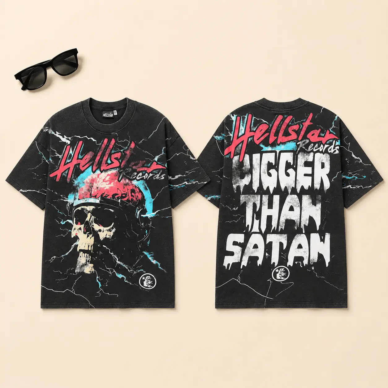 Hell star Bigger Than Satan Skull Graphic T Shirt TikTok Viral Dark Streetwear Tee Washed Black Oversized Y2K Opium Goth Punk Rap Harajuku Short Sleeve Top Unisex Summer Rave Festival Outfit Men Women