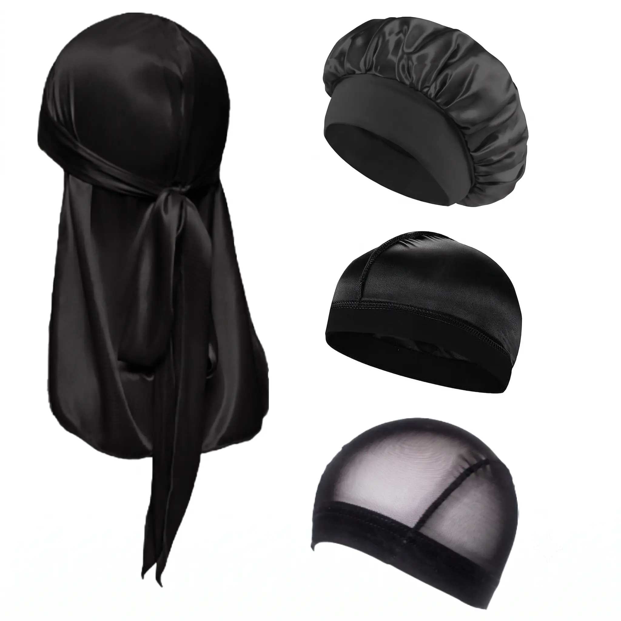 4-in-1 Silky Durag Set for Waves – Extra Long Straps Satin Cap, Wave Cap & Mesh Dome Cap for Men’s Hair Styling & Compression