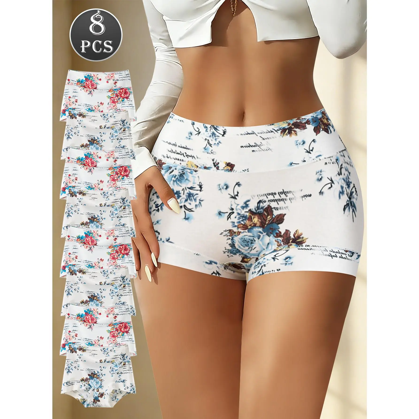 QUASTI Women's 8PCS High-Waist Cotton Boyshorts - Soft, Breathable, Skin-Friendly Fabric Clothes with Floral Prints & Solid Styles, Smooth, Lightweight, No-Show, Minimalist Fit Basic Briefs for Daily Wear (S-XXL)