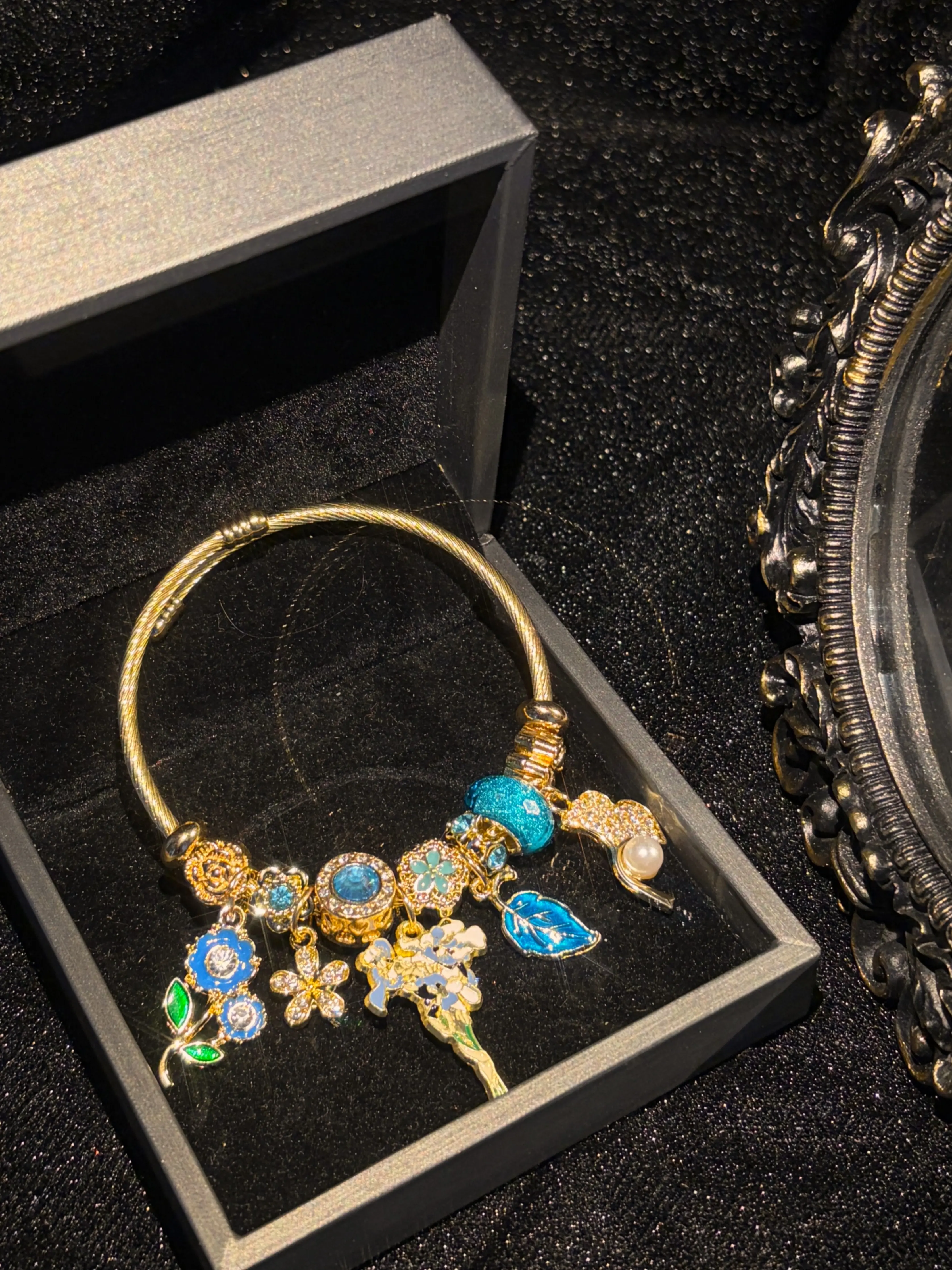 Women's Gold‑Tone Open Bangle Bracelet, Elegant Blue Enamel Floral Leaf Pearl Charms, Sparkling Crystal Statement Jewelry For Daily & Party Wear