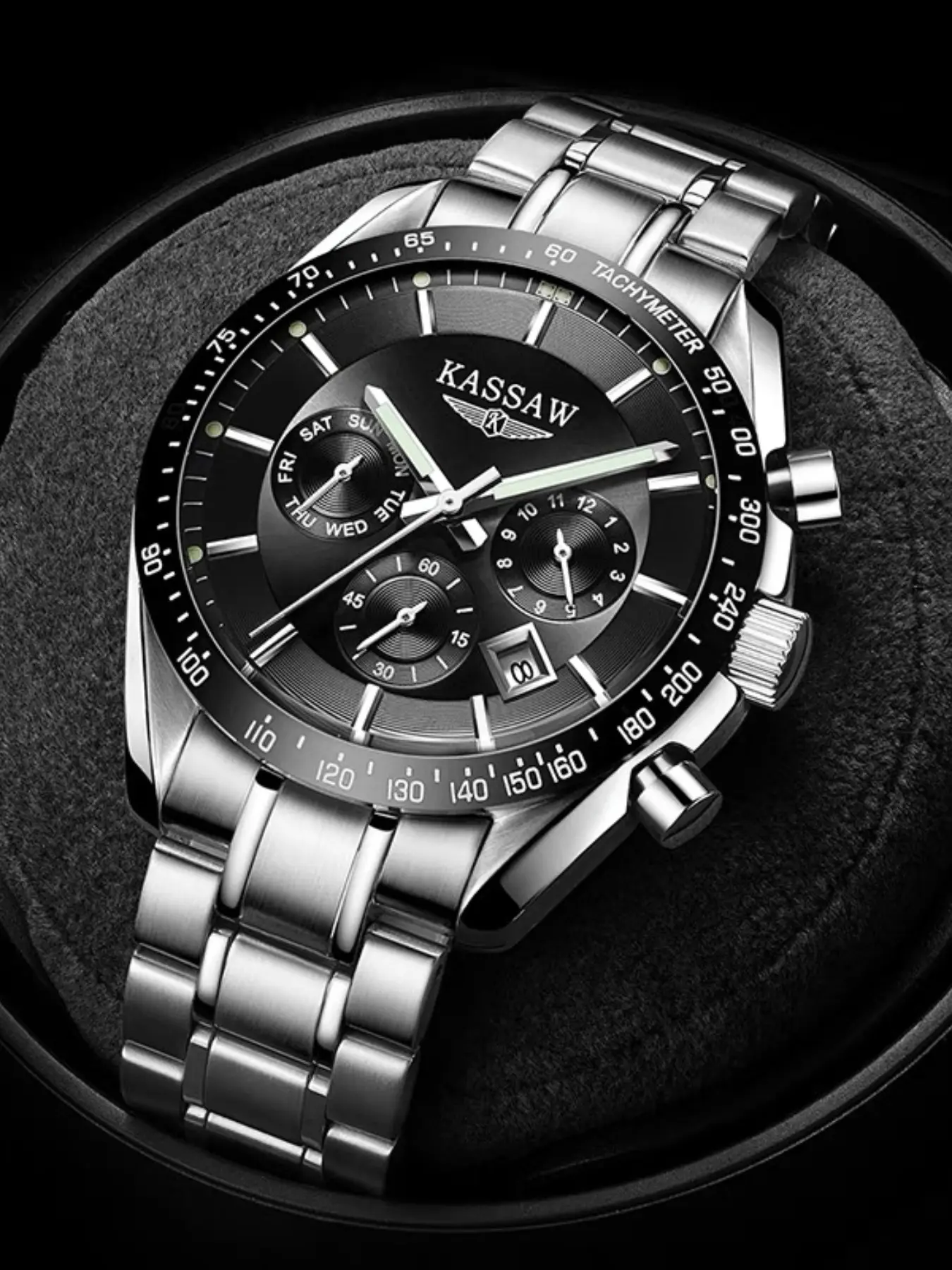 Kassaw Men's Waterproof Mechanical Watch, Cool Style, Dial Timer Function, Week Date Display, Stainless Steel Strap, Outdoor Casual Wear