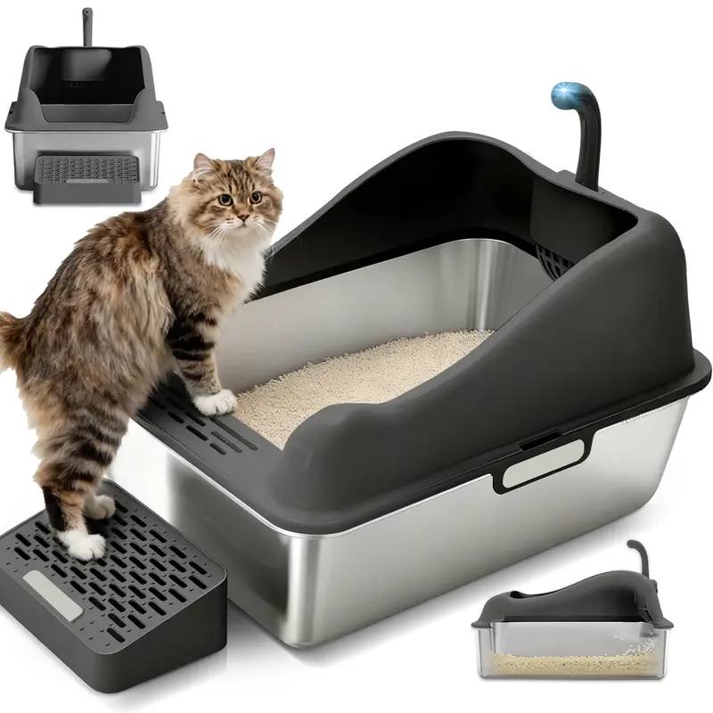GTplayer Extra Large Stainless Steel Litter Box - 25-liter, 23.6x15.8x14.1in with Lid, High-Sided, Leak-Proof, Odor-Seal, Easy-Clean Non-Stick, Includes Mat & Scoop, Reduces Cleaning Frequency, Collects Litter From Paws for Large Cats