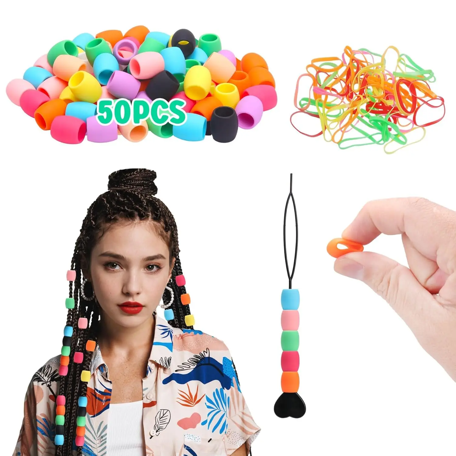 50 Big  Hair Beads Set for Girls, 9 * 15mm Colorful Soft  Hair Beads for Braids for Daughter, Women, Mum, 2 Plastic Quick Beaders for Hair Braids, 50 Elastic Rubber Bands