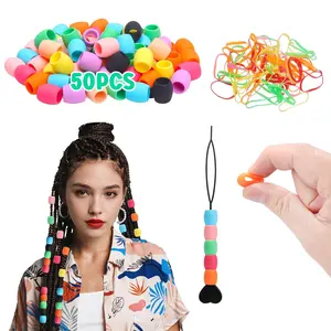 50 Big  Hair Beads Set for Girls, 9 * 15mm Colorful Soft  Hair Beads for Braids for Daughter, Women, Mum, 2 Plastic Quick Beaders for Hair Braids, 50 Elastic Rubber Bands