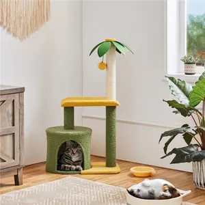 Yaheetech 37in Coconut Palm Cat Tree with Green Leaves, Scratching Post Large Condo,  Bending Perch Activity Center for Indoor Cats Green/Yellow