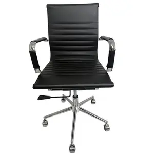 Mid-Back Black PU Leather Hotel and Task Chair Height Adjustable Swivel Ribbed Ergonomic