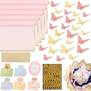 52Pcs Flower Bouquet Wrapping Paper Accessories Kit, 20 Sheets Pink Waterproof Floral Wrapping Paper, 12 Gold 12 Pink Butterflies, 5 Cards, 1 Ribbon, 1 Letter 1 Rhinestone Sticker (Gold Edge)