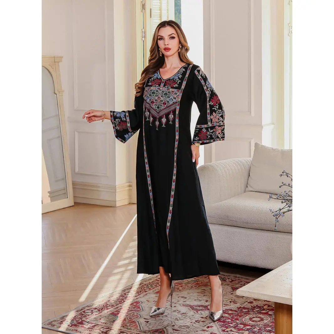 Women's Embroidered Elegant Full-Length Long-Sleeve Abaya Kaftan Gown - Evening, Ramadan Sport & Outdoor Formal Wear (XXL)