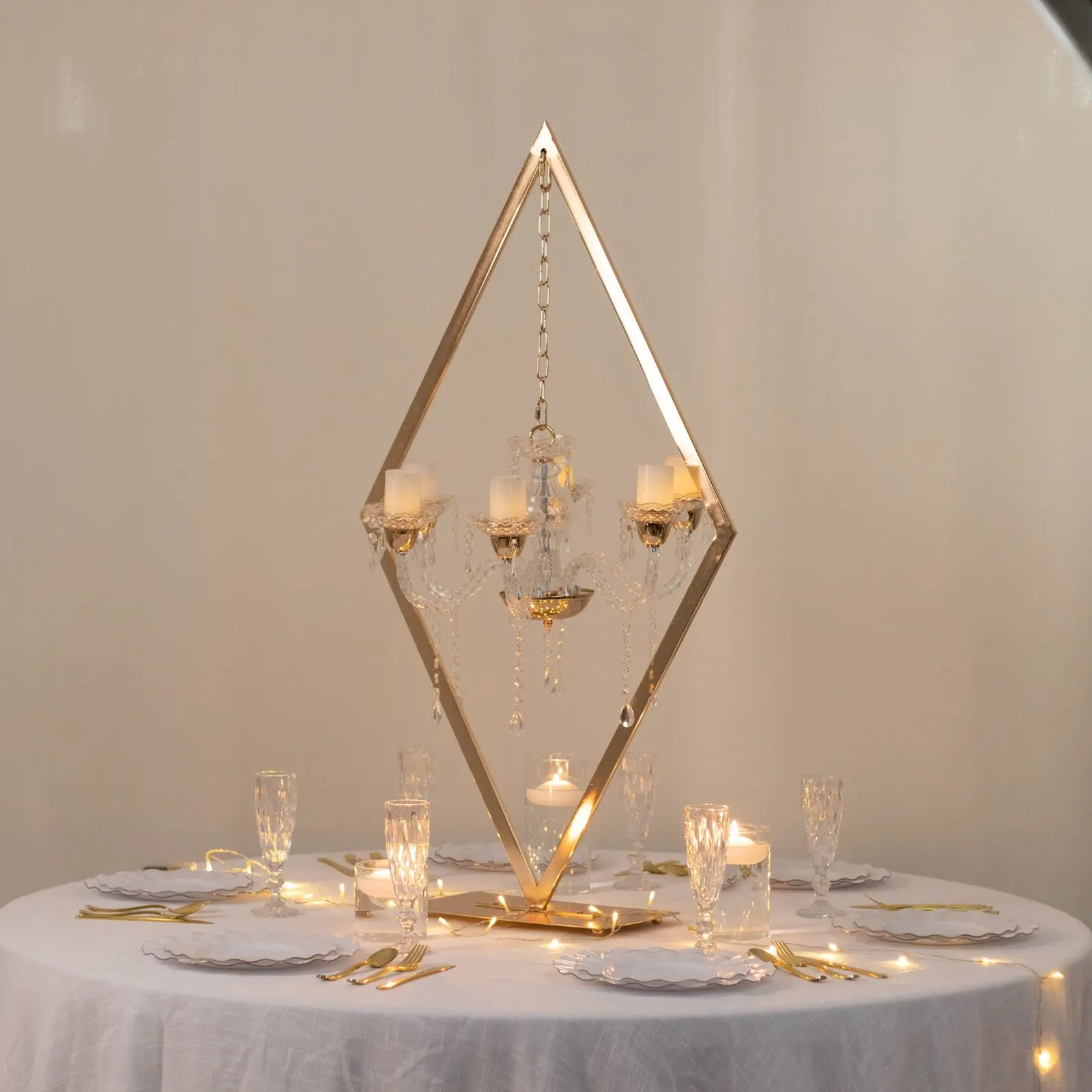 Champagne Gold 6-Arm Acrylic Candelabra with Diamond Frame, Sparkly Gold Candleholder Room Decor Home Supplies - 45" Wedding/Anniversary Table Centerpiece