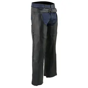 Men's Black Vented Motorcycle Leather Chaps with Stretch Thighs