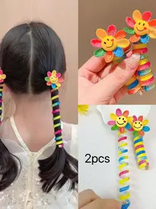 2pcs-Heart-Sunflower-Shaped-Telephone-Cord-Hair-Ties-Elastic Hair Accessory Ponytail Hairstyle Ponytails