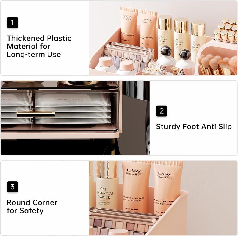 UFORU Large Capacity Makeup Storage Box, Multi-functional Makeup Brush Lipstick Eyebrow PencilPocket Mirror Storage Box, Desktop MakeupOrganizer for Home & Travel, Makeup Box,Cosmetics Organizer Storage,Gift,Pink Vanity Accessory