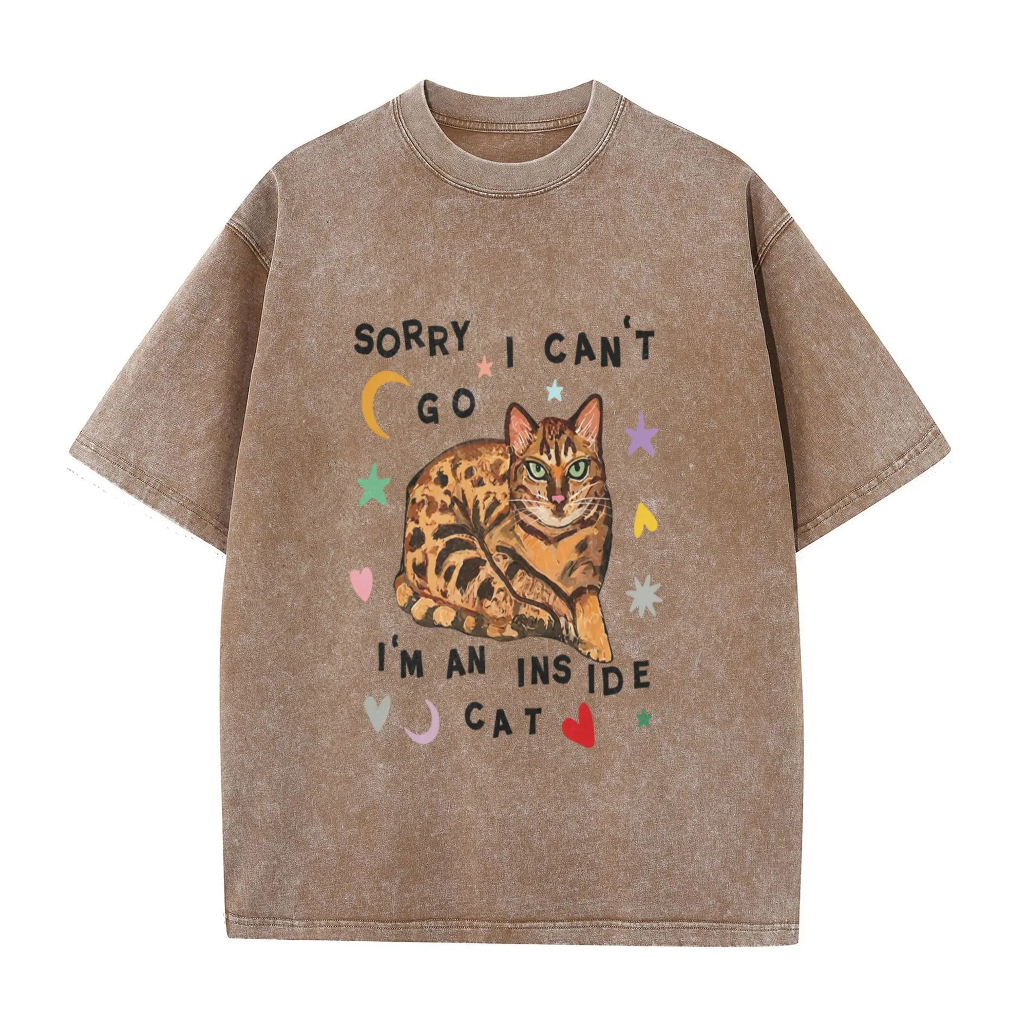 Plus Size 100% Y2K Vintage Washed Printed T-Shirt - Short Sleeve, Summer Top Clothing, "Sorry, I Can'T Go, I'M a Home Cat, " All-Season Wear, Street Style And Versatile Casual Basic Tees Coffee Brown Round Neck Shortsleeve