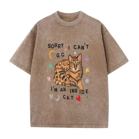 Men's Y2K Vintage Washed Graphic T-Shirt - Short Sleeve, Round Neck, Coffee Brown, Funny "Sorry, I Can't Go, I'm a Home Cat" Print, Streetwear, Casual Basic Tees, Menswear, Vintage Graphic Tees, Funny Shirts, Trendy Tops