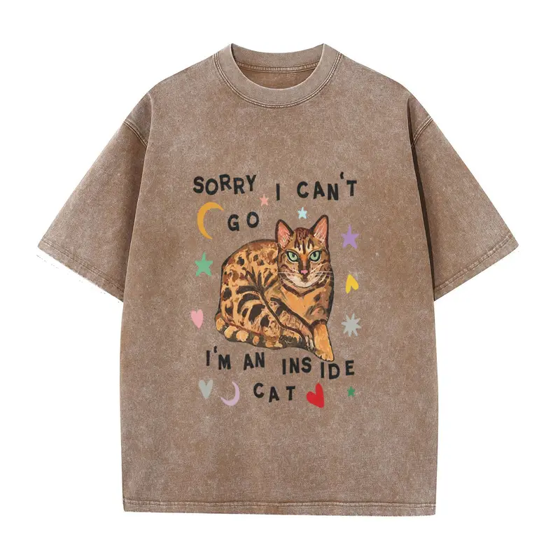 Men's Y2K Vintage Washed Graphic T-Shirt - Short Sleeve, Round Neck, Coffee Brown, Funny "Sorry, I Can't Go, I'm a Home Cat" Print, Streetwear, Casual Basic Tees, Menswear, Vintage Graphic Tees, Funny Shirts, Trendy Tops