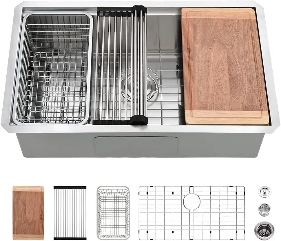 33 Inch Undermount Kitchen Sink Workstation Stainless Steel Sink | 33x19 Kitchen Sink Undermount Workstation Sink 16 Gauge Stainless Steel Single Bowl Deep Under Mount Sinks with Cutting Board