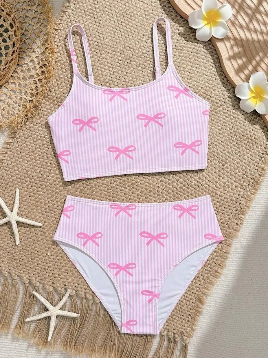 Tween Girl Blue & White Striped Bikini Set, Triangle Swimsuit for Beach Pool Party