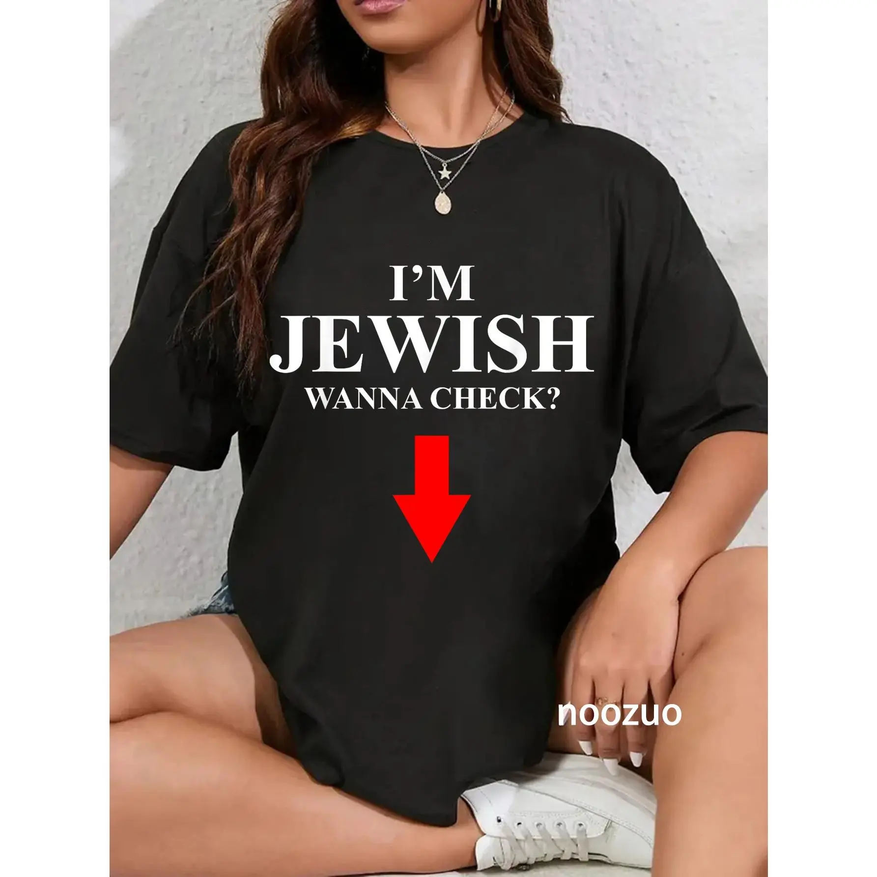 Women's 100% Cotton Jewish T-Shirt - Casual Cotton Tee, Short Sleeve, Vintage, "I'm Jewish Wanna Check?" Hebrew Graphic, Passover Themed, Everyday, Wide Range of Sizes