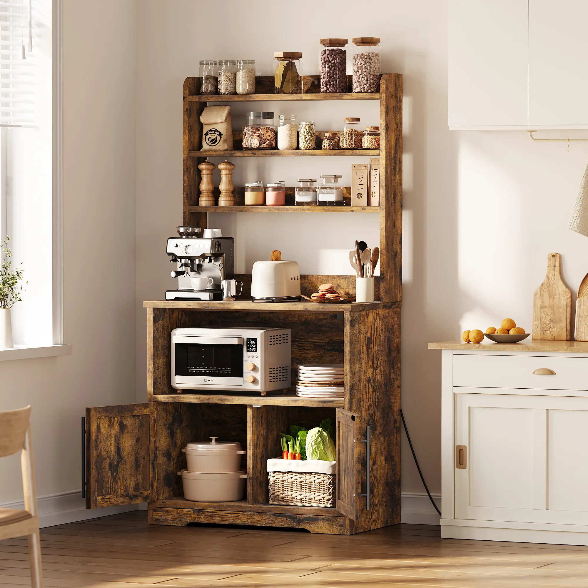 63" Multi-Functional Kitchen Island Baker’s Rack with Power Outlet & USB Charging Station, Ample Storage Cabinet & Coffee Bar Organizer, Sturdy Freestanding Design, Easy Assembly, White & Pear Wood