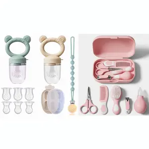 Memorial Day-Baby Essentials Bundle – Pink Baby Grooming Kit with Hair Brush, Comb, Nail Clipper & Nasal Aspirator + 4-Pack Silicone Baby Fruit Feeders & Breastmilk Popsicle Teethers with Lids & Clips, BPA-Free for Infants & Toddlers