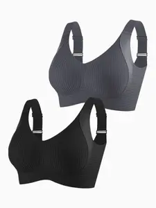 Women's Wireless Ribbed Bra Set, Seamless Adjustable Wide Straps, Soft Comfortable Smooth Daily Wear Bras, Pack of 2, Ideal for Everyday Use, Underwear, Fit