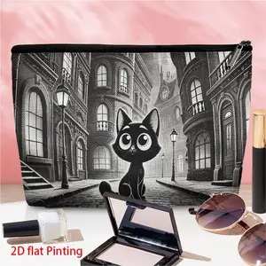 1pc Black Cat Street Scene Portable linen cosmetic bag, exquisite printed cosmetic storage bag, Travel Cosmetic Pouch With Secure Zipper, Lightweight Multi-functional Toiletry Organizer for Women