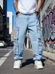 SRETOUU Street Style Men’s Light Wash Cargo Jeans, Loose Fit Multi-Pocket Streetwear Baggy Denim Pants