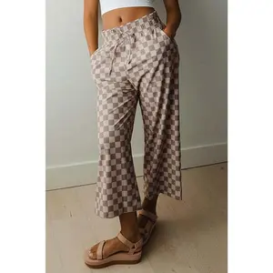 Khaki Tie Elastic Waist Checkered Loose Pants