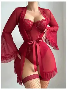 2026 Women's Timeless 5 Piece Valentine's Day Robe Lingerie Set Floral Lace Teddy Bodysuit with Belt Stockings Long Sleeve Bridal, Sexy Romantic Babydoll Chemise Bustier Garter Push Up Bra Date Night Underwear, everyday look