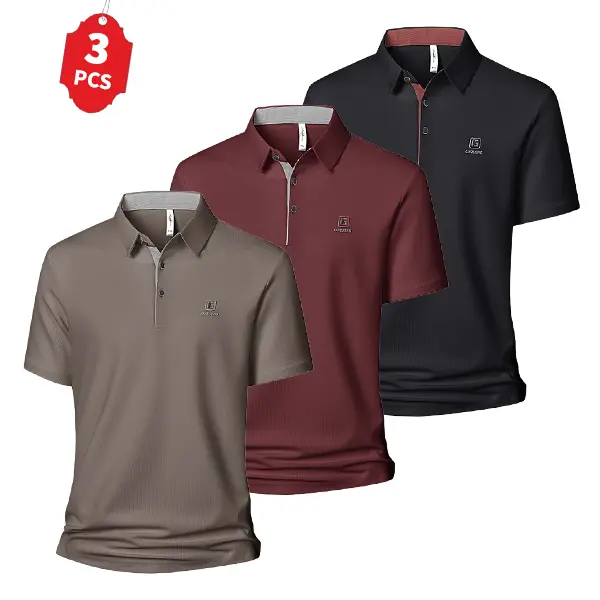 Earth-tone business short-sleeve polo shirt three-piece set featuring refined vertical ribbed fabric and multicolor rotation; men’s commuter collared shirt.