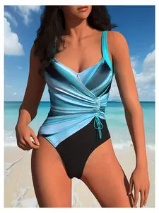 One Piece Swimsuit - Blue Black Ombre Ruched Bathing Suit for Women, Adjustable Straps, High Cut, Tummy Control, Comfortable & Stylish Swimwear