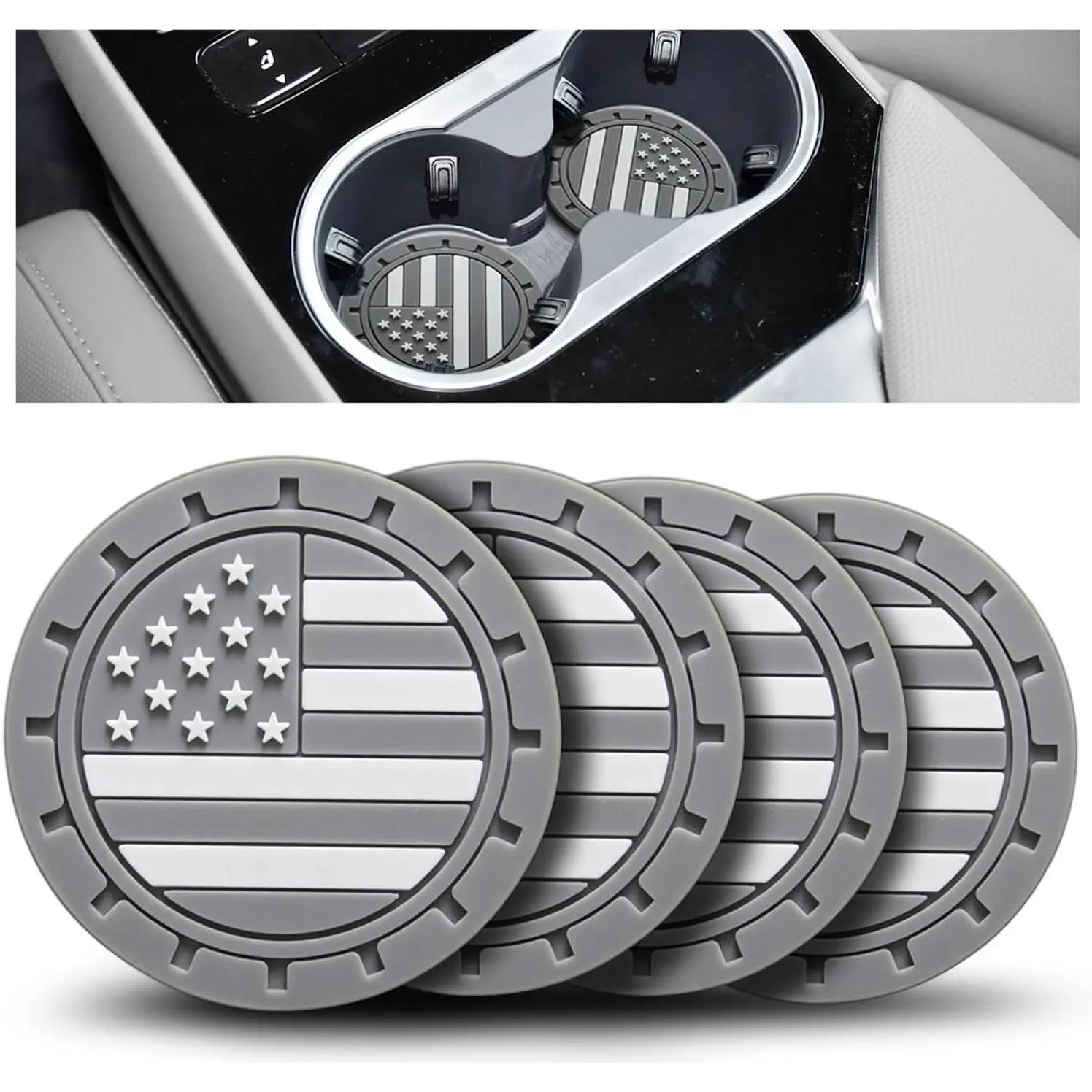 Car Cup Holder Coaster Set 4-Pack - 2.75 in PVC Synthetic Flag Design, Anti-Slip Shockproof Drink Mats, Universal Fit Grey Car Interior Decor Accessories