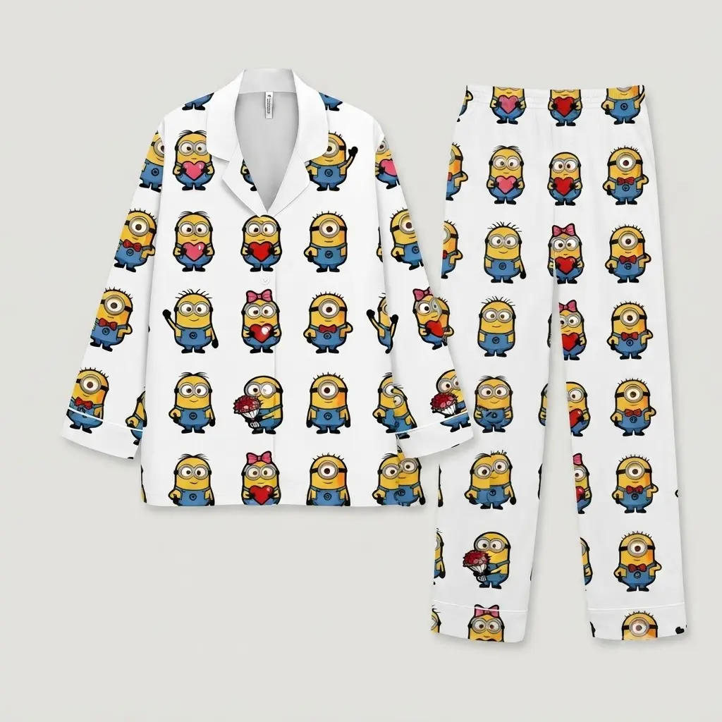 Women Satin Pajama Set, Minions Squad Print Sleepwear, Unisex Lounge Set