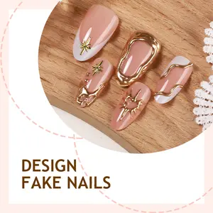 30 pcs Luxury 3D Liquid Metal Press On Nails Gold Chrome Heart Star Design Nude French Tip Almond Stiletto Handmade Reusable False Nails Minimalist Aesthetic Trendy Y2K Nails Acrylic Fake Nails Set Glue On Nails Premium Salon Quality Manicure Daily Wear