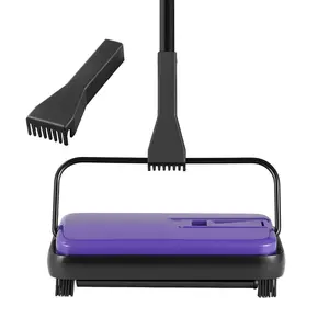 Manual Carpet Sweeper with 4 Wheels, Rolling Brush, 300 ml Dustbin, 6.7 in Cleaning Width, Extended Handle, Easy-to-Empty Design for Home Area Rug Cleaning, Pet Hair & Dust (Purple)