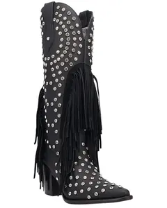 Dingo Women's Shoe Pony Fringe Rhinestone Tall Western Boot Round Toe - Di2346-Blk