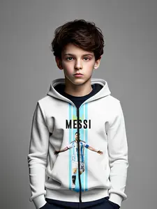 Boys' Messi Argentina Celebration Hooded Zipper Sweatshirt, Cr7 Print Blue Stripes, Open Arms Print, Fall & Winter Fashion
