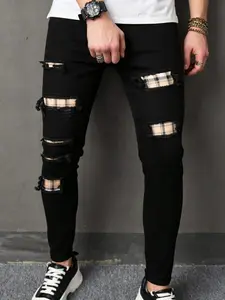 Men's Vintage Ripped Plaid Patchwork Jeans, Streetwear Style, Slim Fit, Trendy and Versatile, Perfect for Urban Fashionistas