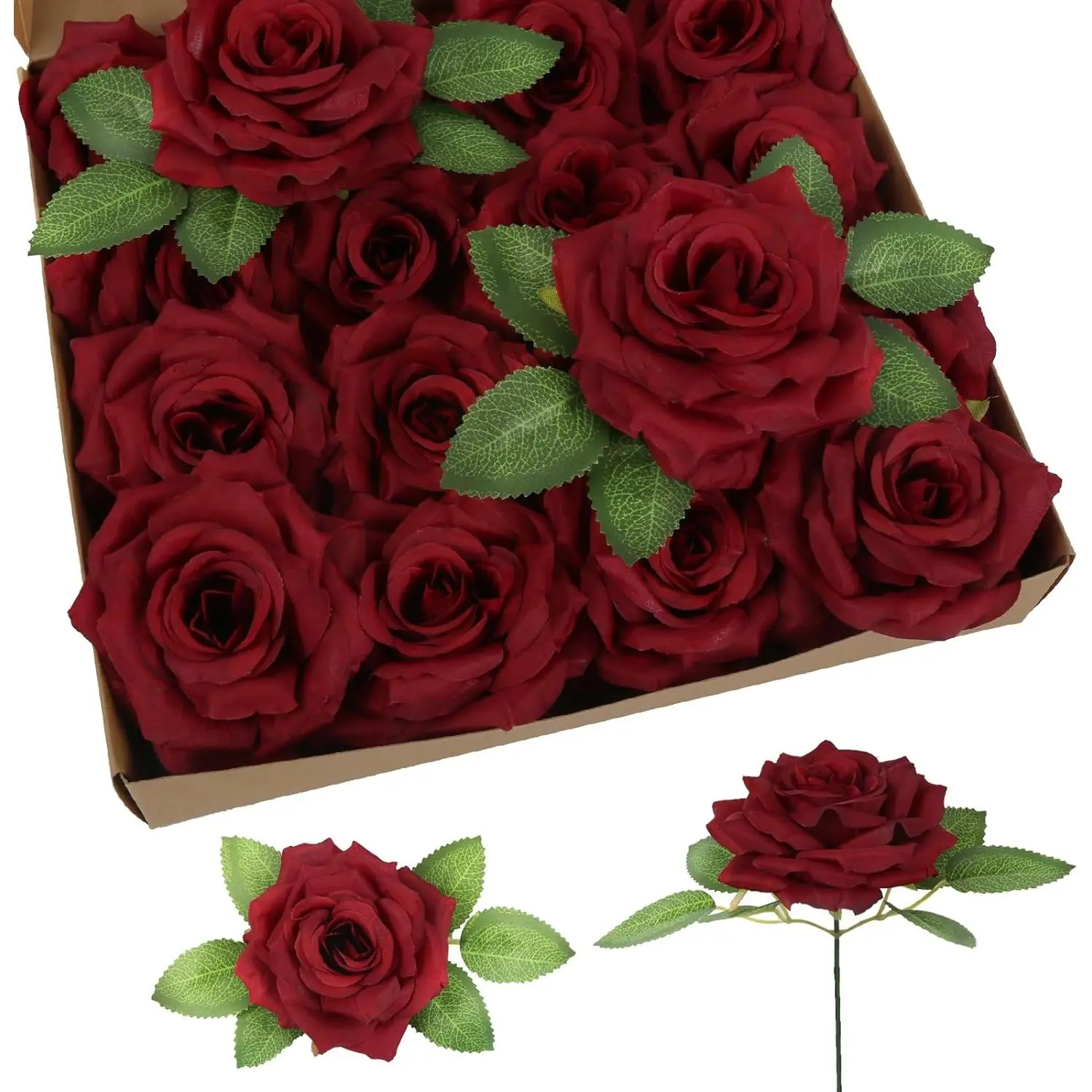20pcs Burgundy Roses Artificial Flowers Heads 3.75" Large Realistic Silk Fake Roses Bulks with Stems Faux Roses for DIY Wedding Bouquets Centerpieces Table Home Party Cake Decoration (B