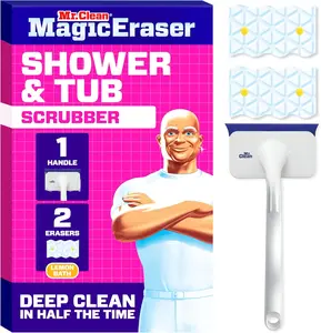 Magic Eraser Shower & Tub Scrubber – All in One Bathroom Cleaner with Lemon Scent, Includes 1 Scrubber and 2 Foaming Magic Erasers, Multi Surface Cleaning Kit for Showers, Tubs, Tile and Bathroom Surfaces