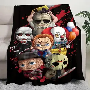 Spooky Horror Cartoon Pattern Blanket, Lightweight Cozy Throw for Bedroom Living Room Dorm, Fade Resistant Easy Care Blanket, Perfect Horror Fan Gift---Warm Haven Textiles