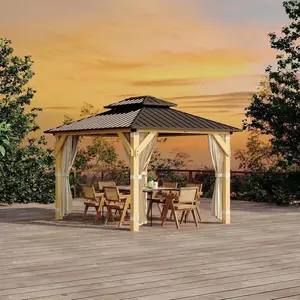 Garvee Heavy Duty Wooden Gazebo 10x12 FT with Double Aluminum Roof, Sturdy Spruce Frame, Netting & Curtains, Durable Outdoor Canopy for Patio, Backyard, Garden, Wedding Parties