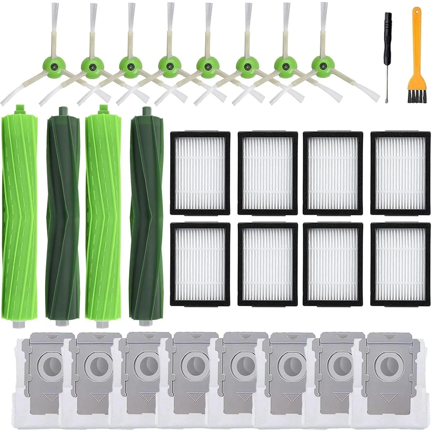 for   E & I & J Series e5 e6 e7, i8 i8+ i7 i7+ i6 i6+ i4 i4+ i3 i3+ i1 i1+ i2, j7 j7+ Robot Vacuum Cleaner, 2 Set Roller Brush 8 Filters 8 Side Brushes 8 Vacuum Bags