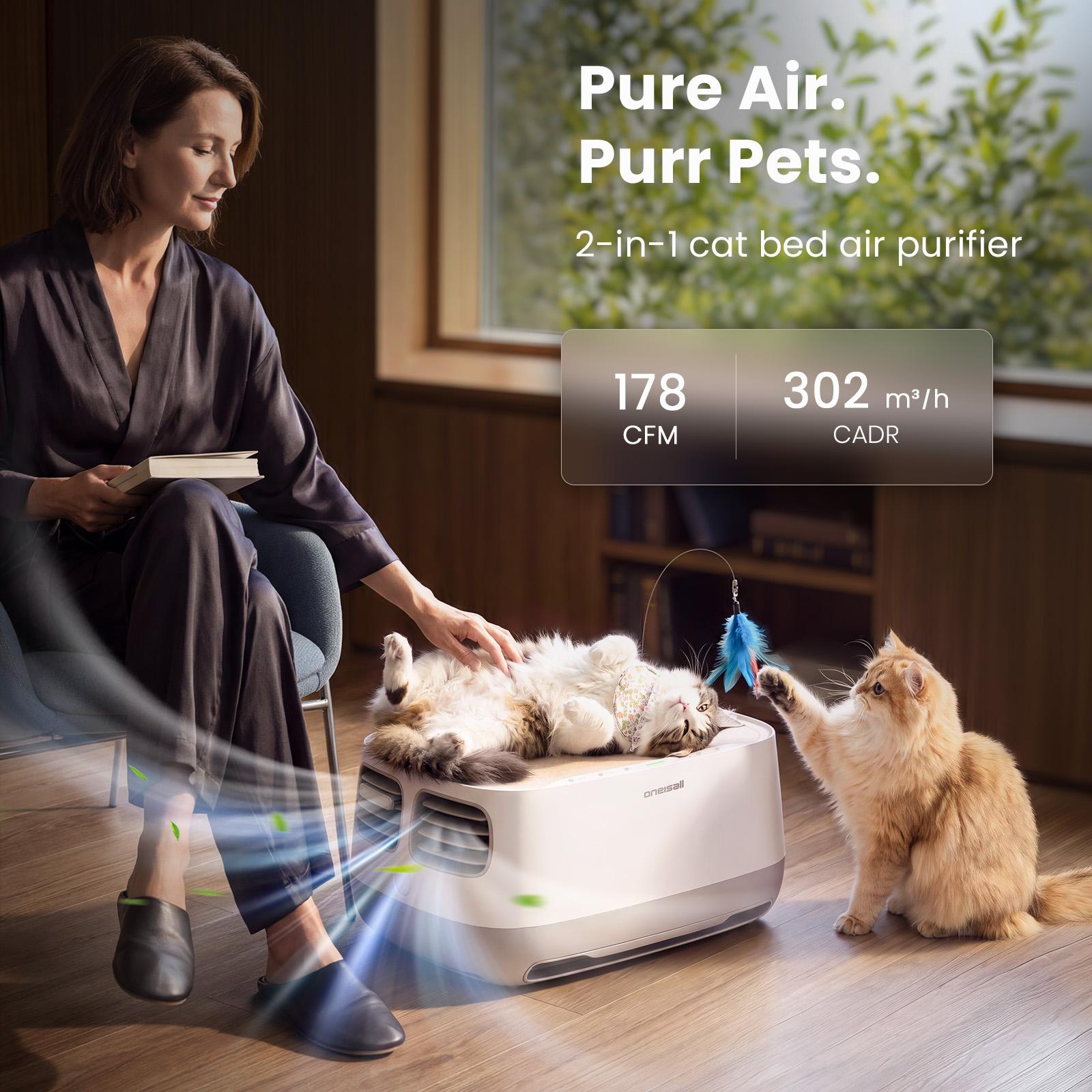 Backtoschool Oneisall Air Purifiers for multi‑cat households with Cat Bed, H13 HEPA for Multi‑Cat Home, 3-Sided Air Intake, PM2.5 Air Quality Monitor，Bottom with Independent Hair Collection Bin, Quiet Multi‑Speed, Captures Pet Fur, Odors, Allergens & Dust